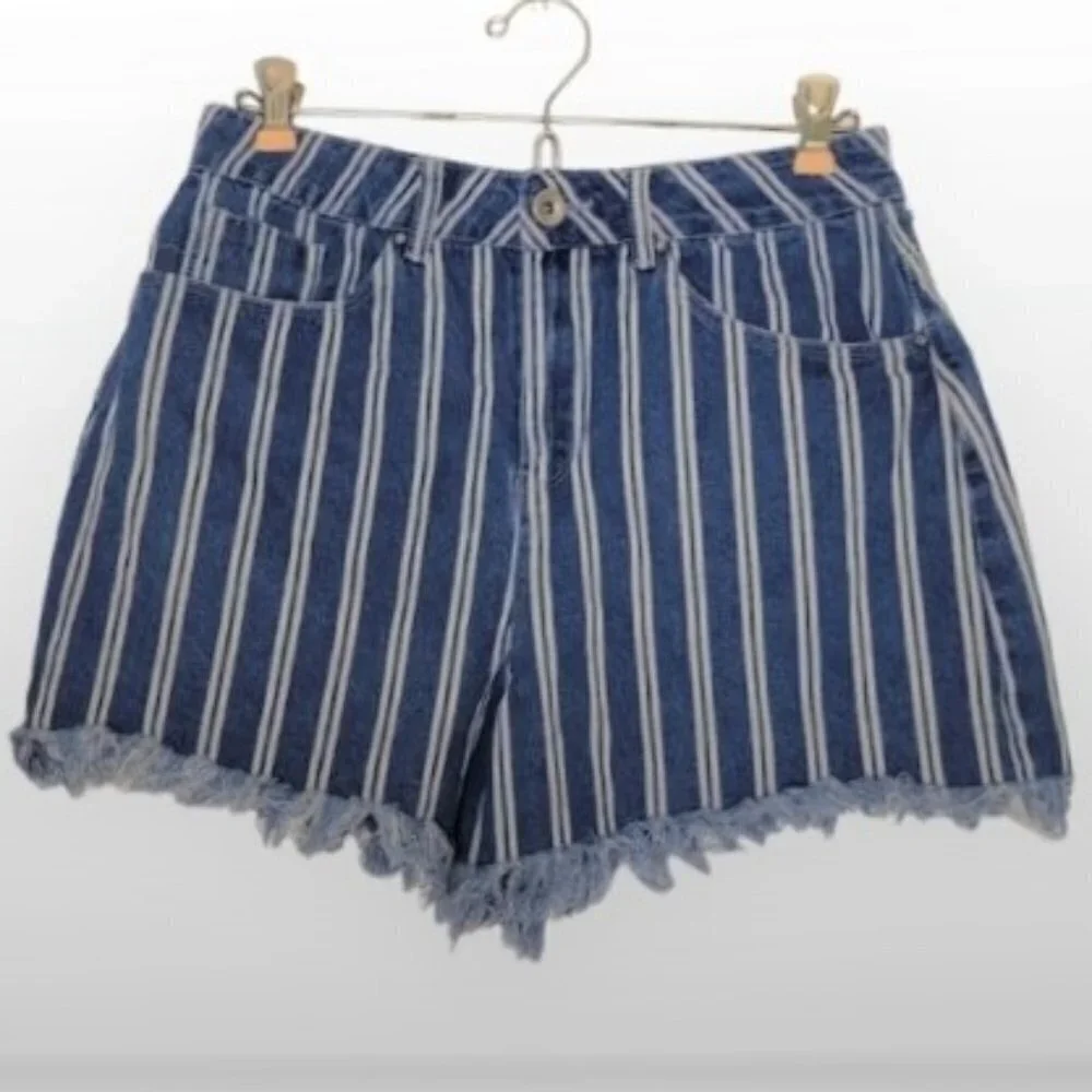A LOVES A Striped Denim Shorts Frayed Hem High Rise Blue White Casual Summer